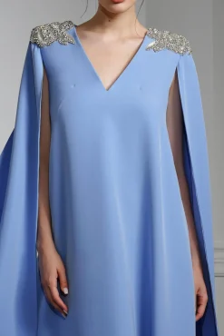 Revy Crystal-Embroidered Cape Crepe Dress In Blue Ciel