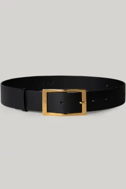 Ripple Matte Black Leather Waist Belt With Gold Buckle