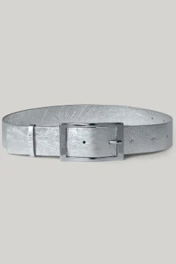 Ripple Metallic Silver Leather Waist Belt With Silver Buckle