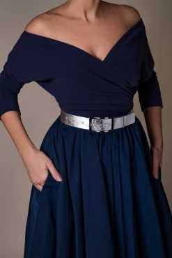 Ripple Metallic Silver Leather Waist Belt With Silver Buckle