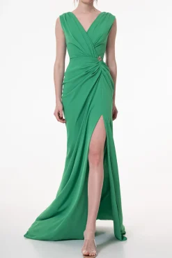 Saara Crepe Long Dress In Raw-Green