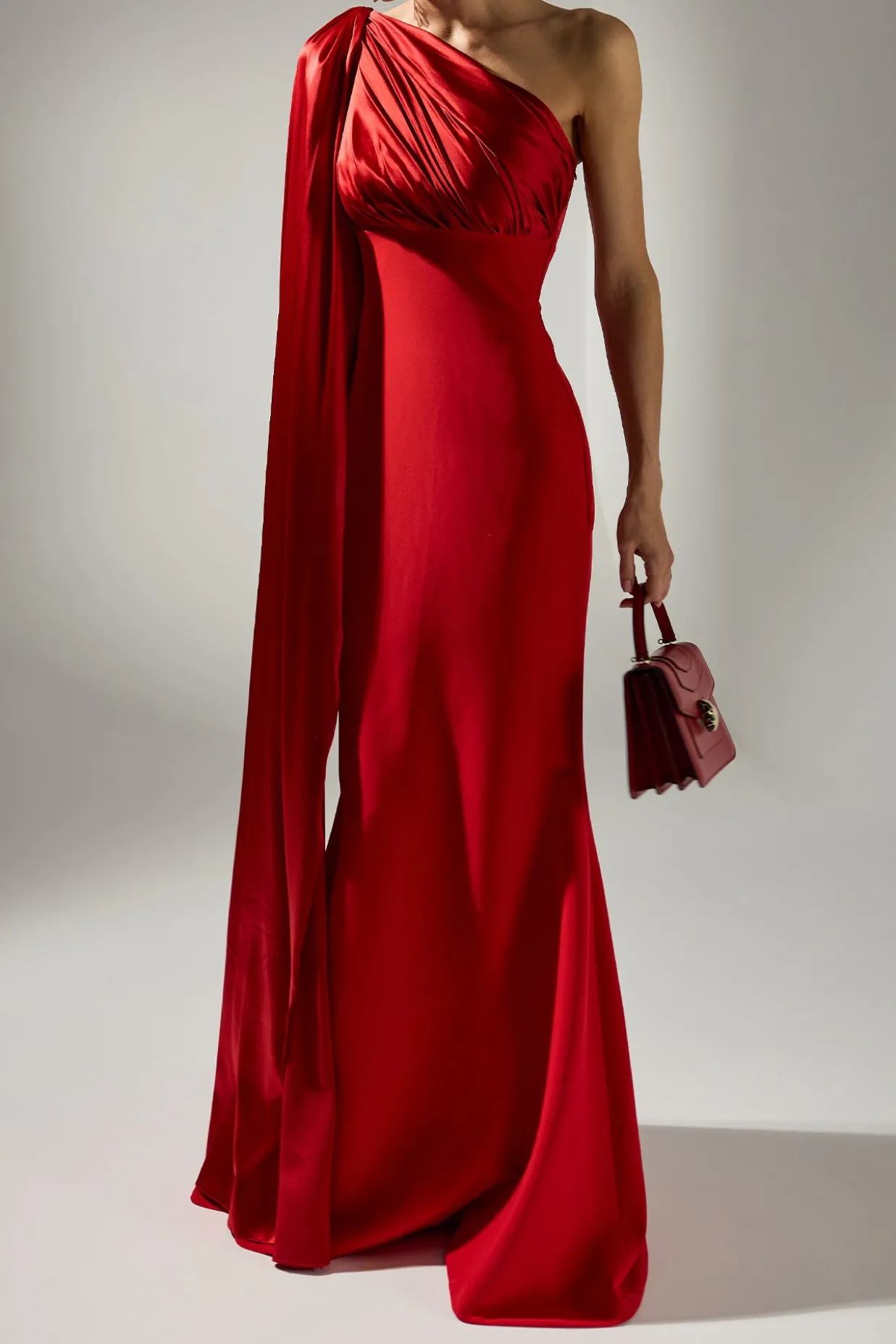 Saira Silk Cape Long Dress In True-Red