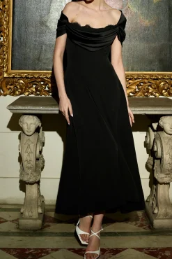 Salma Midi Lace And Crepe Dress In Black