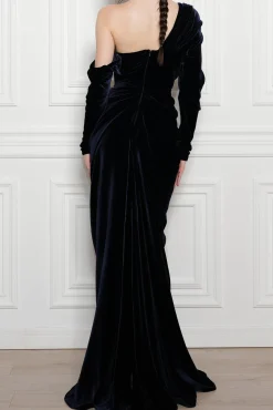 Zeina Long Velvet Gown in Midnight Blue
